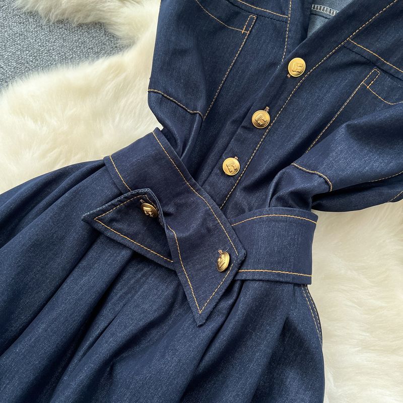 Abito senza maniche in denim elegante e sottile, con scollo a V, bottoni in metallo, vita scoperta, stile retrò, per donna, estivo_voghion.com