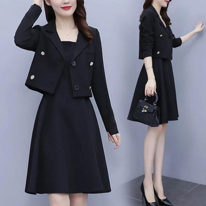 Tenue d'automne grande taille pour femme, petite veste, nouveau style 2025, robe blazer Fat Sister, ensemble deux pièces amincissant_voghion.com