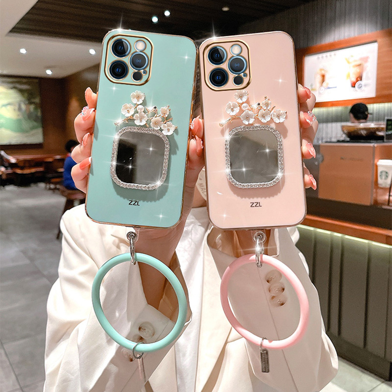 Plating Bracelet Case For Samsung A34 A54 A53 A32 A33 A22 A13 4G 5G A12 A73 A25 A31 A21S A14 Plum Flower Square Mirror_voghion.com