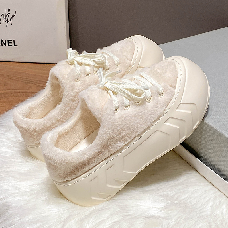 Scarpe da donna per capispalla autunnali e invernali, scarpe di cotone con suola spessa e velluto, scarpe pelose giganti, scarpe con zeppa stringate a punta tonda,_voghion.com