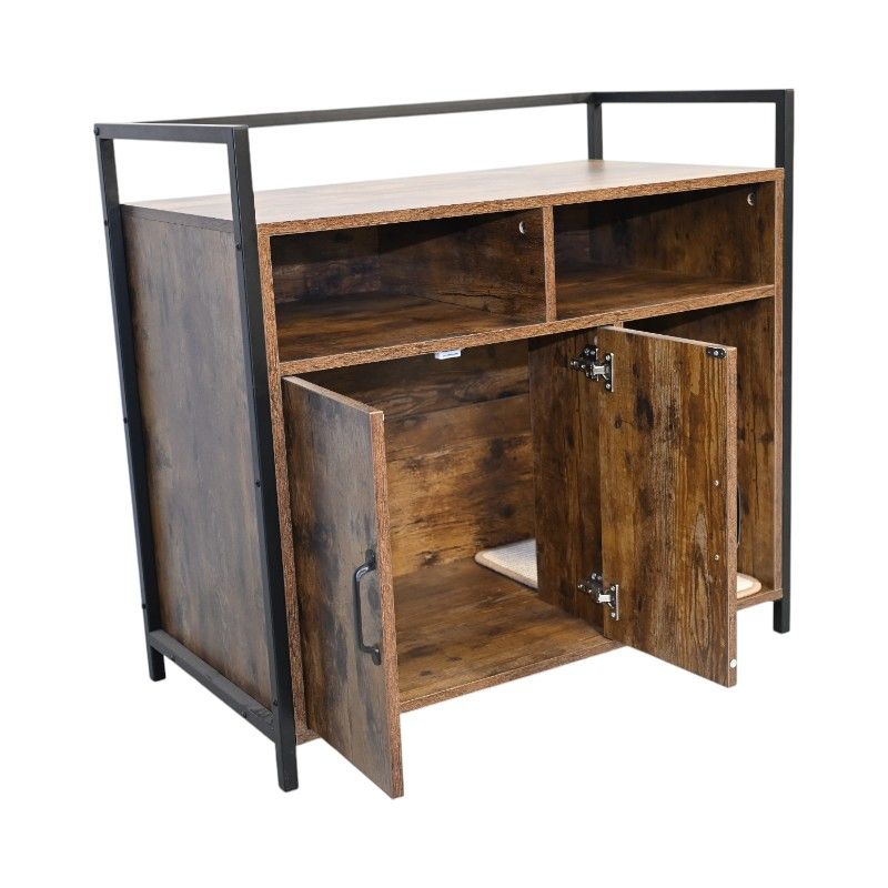 Rustic Brown Wooden Cat Litter Box Enclosure, Spacious Hidden Cat Litter Box With Scratching Mat Furniture For Bedroom, Bathroom, Living Room-31.9"x17.7"x31.4", 61 Lbs_voghion.com