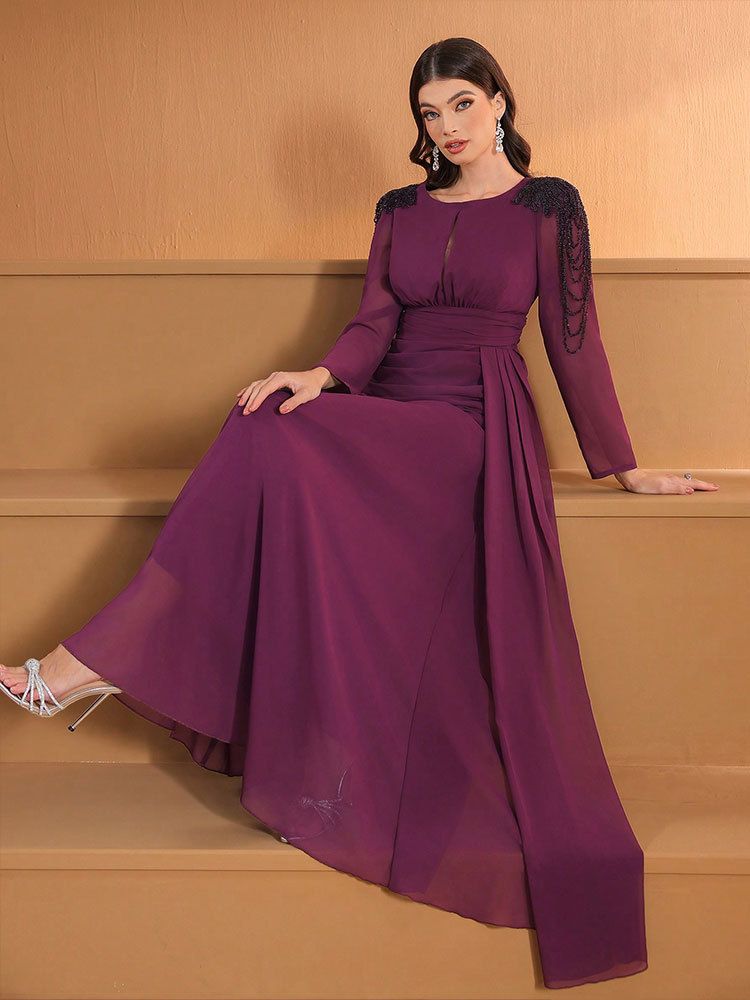 Women's Elegant Floral Embroidered Chiffon Maxi Dress With Lantern Sleeves – High Waist A-Line Party Gown For Evening, Wedding & Office (Purple)_voghion.com