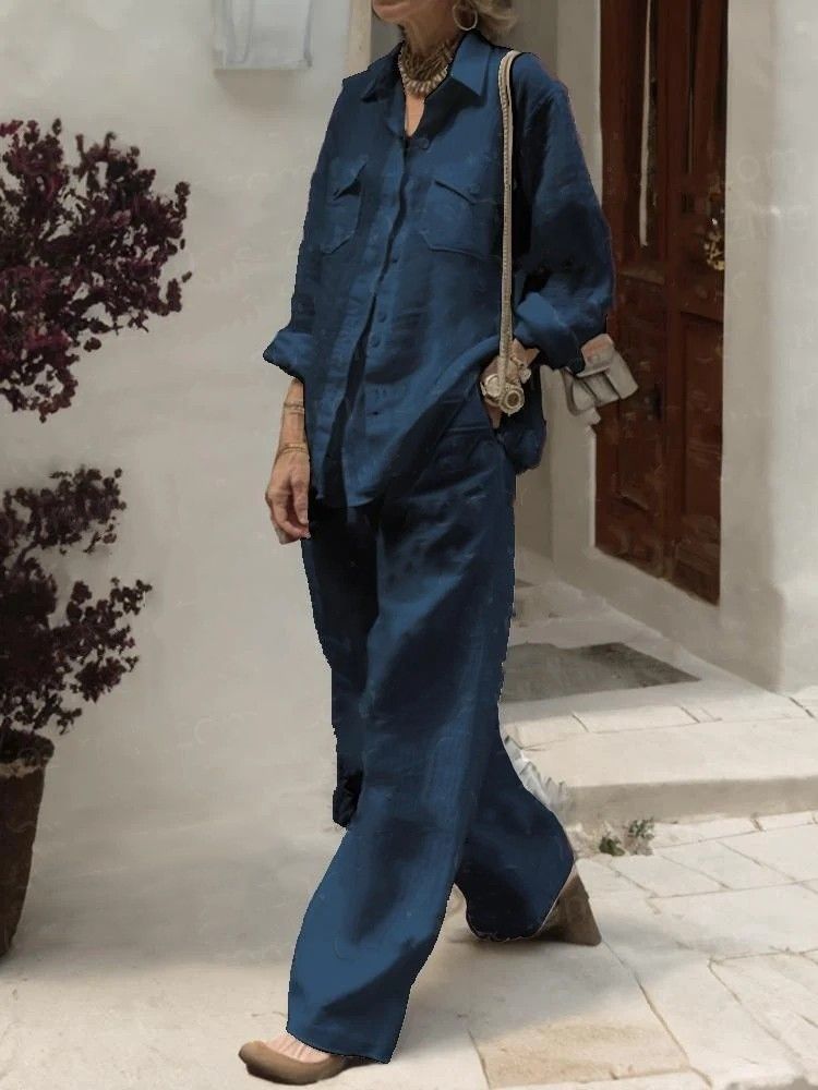 Damenbekleidung Zweiteiliger Anzug aus langärmeligen Hemden und weiten Hosen für Damen_voghion.com