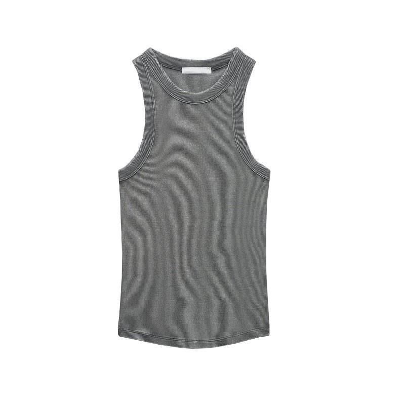 TAOP&ZA - Camiseta básica de primavera para mujer, estilo americano, con espalda nadadora y ribete de canalé lavado 3253301_voghion.com