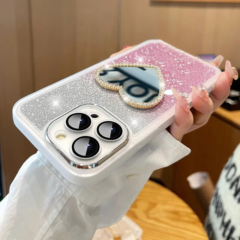 Diamond Heart Mirror Telefonfodral För OPPO A15 A16 A17 A54 A57 A72 A53 A9 2022 Glitter Cover 7 4G Reno 8T Realme_voghion.com
