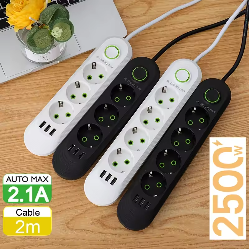 Cavo di prolunga da 2500 W con spina UE e 2 m, multipresa con presa CA a perno rotondo, adattatore per caricabatterie elettrico, porte USB per la casa, ricarica rapida_voghion.com