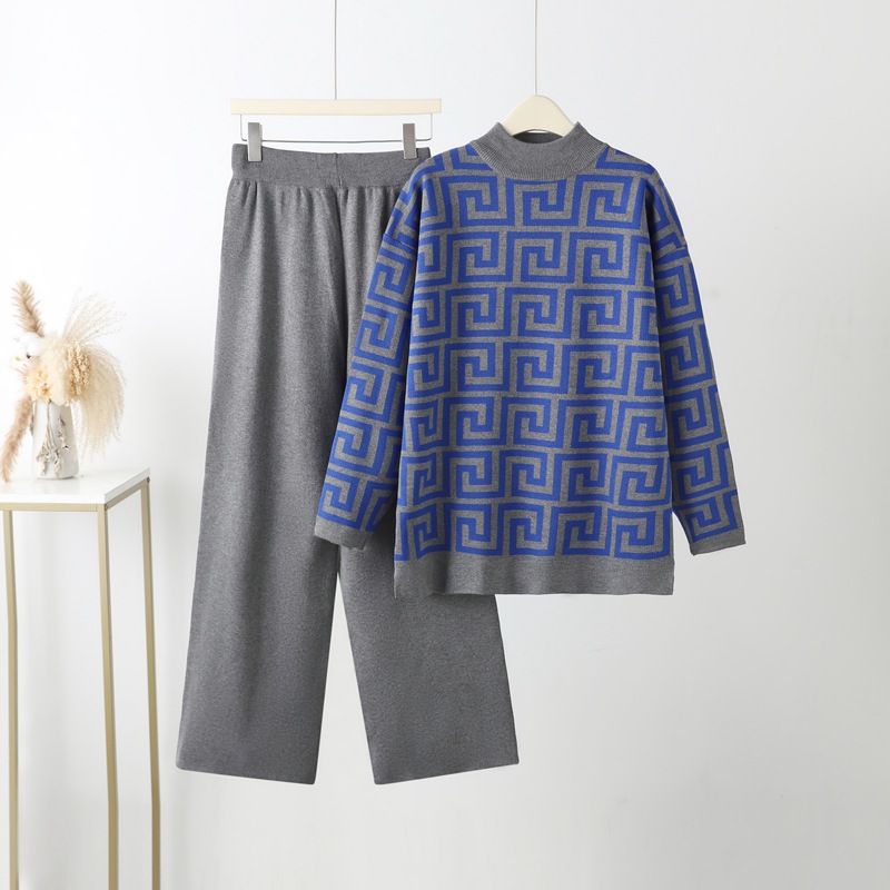 Damenbekleidung: Langärmliger Stehkragen, lockerer Jacquard-Strickpullover, zweiteiliges Set, hoch taillierte, schlankmachende, gerade Hose mit weitem Bein_voghion.com