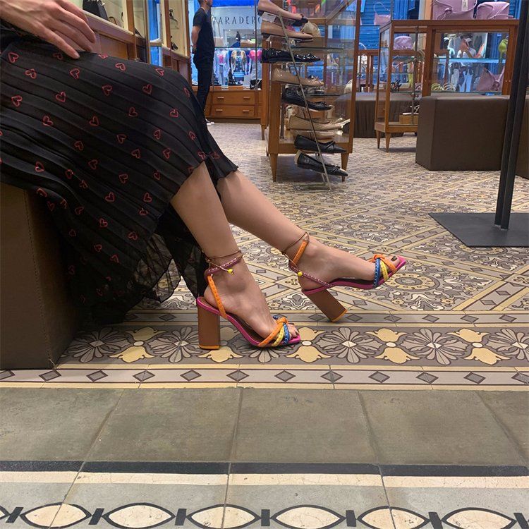 Large Roman Style Women's High With Open And Hollowed Out Colored Sandals, Square Toe Thick Heels_voghion.com