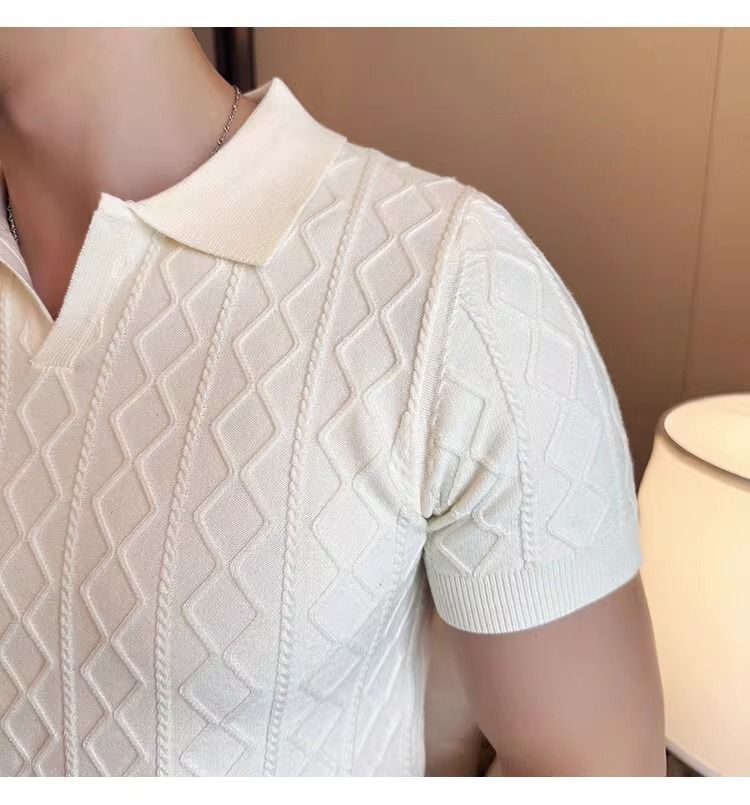 HerrenbekleidungKurzarmpullover Strukturiertes Poloshirt für Herren Revers V-Ausschnitt Slim Fit Business-T-Shirt_voghion.com