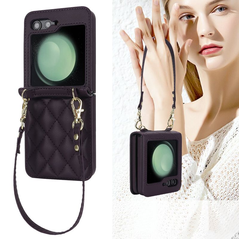 Nuova custodia per cellulare Z Flip6 per donna Custodia protettiva a tracolla Samsung Flip4 Custodia in pelle per cellulare a quadri_voghion.com