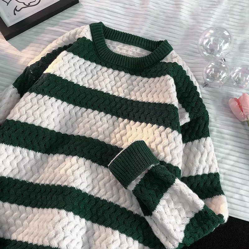 Gestreepte trui heren herfst Koreaanse stijl losse jas trendy merk winter kleurblok lange mouwen breiwerk_voghion.com