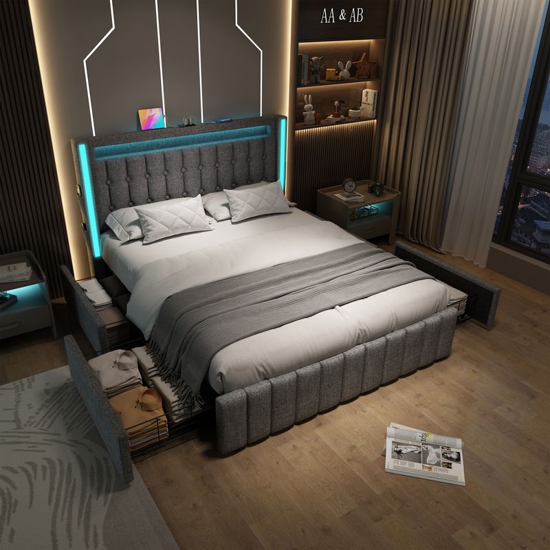 Lit double avec rangement et lattes en bois, chargement USB Type-C, éclairage LED et 4 tiroirs, gris (matelas non inclus). Lit enfant 140 x 200 cm._voghion.com