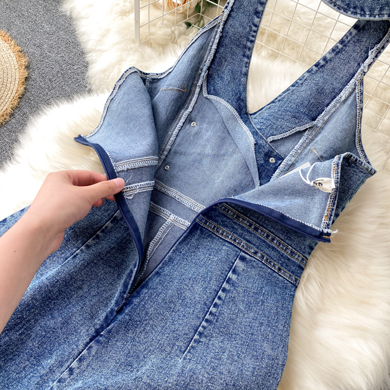 Damemode ærmeløs grime højtaljet slim denim jumpsuit med brede ben_voghion.com