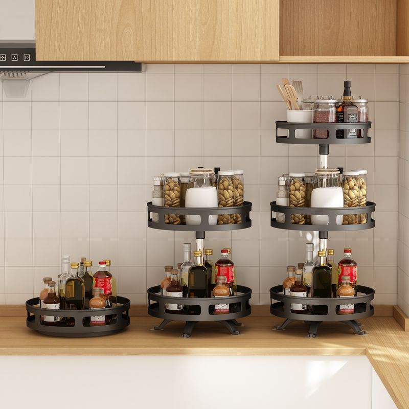 360° Rotating Spice Organizer - Corner & Wall-Mounted Kitchen Shelf For Condiments, Carbon Steel Lazy Susan With Non-Slip Base_voghion.com