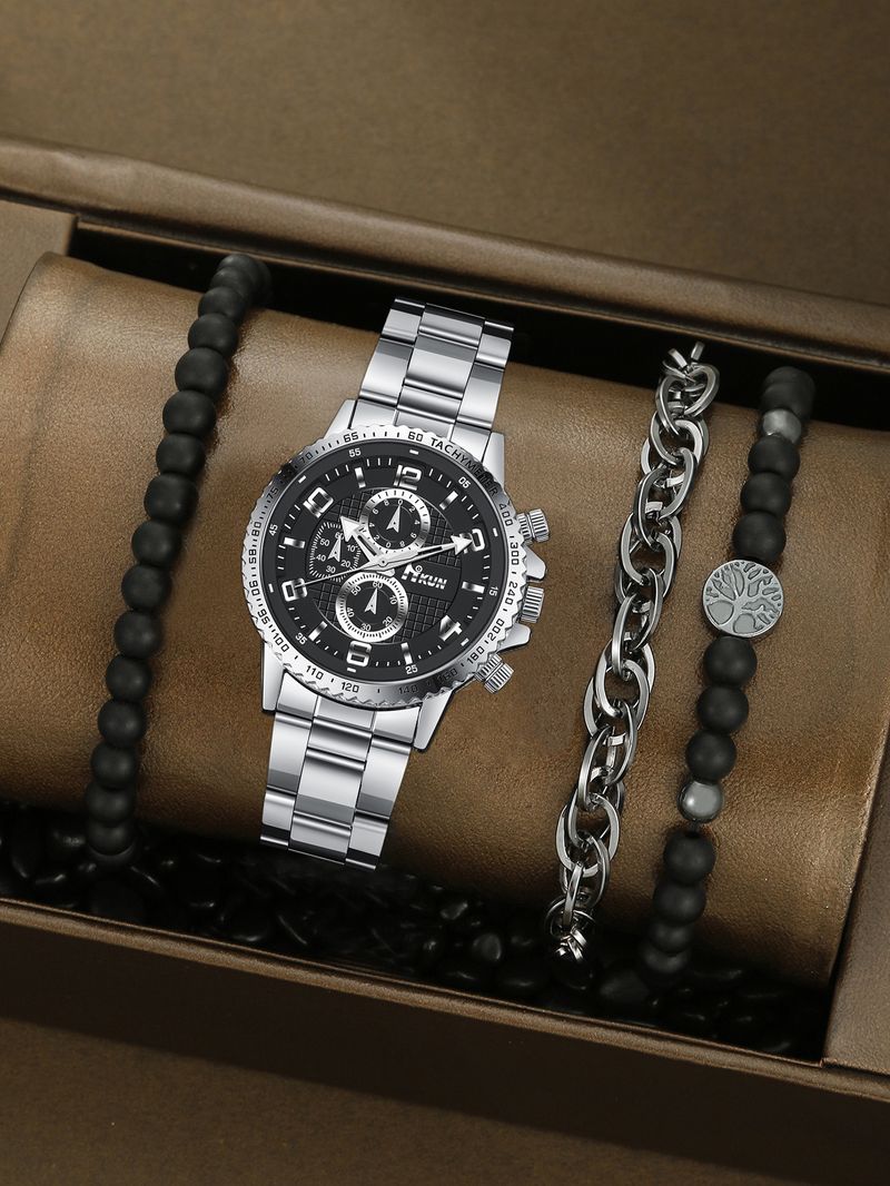 Men's Watch Set Grid Digital Pointer Steel Band Men's Quartz Watch Business All Match Crown Bracelet Set_voghion.com