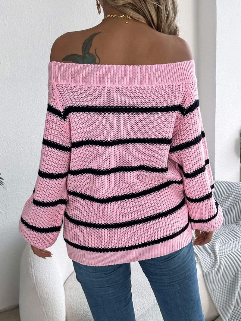 2025 Herbst und Winter Casual Striped Off-Shoulder Laterne Ärmel Pullover Pullover Damenbekleidung_voghion.com