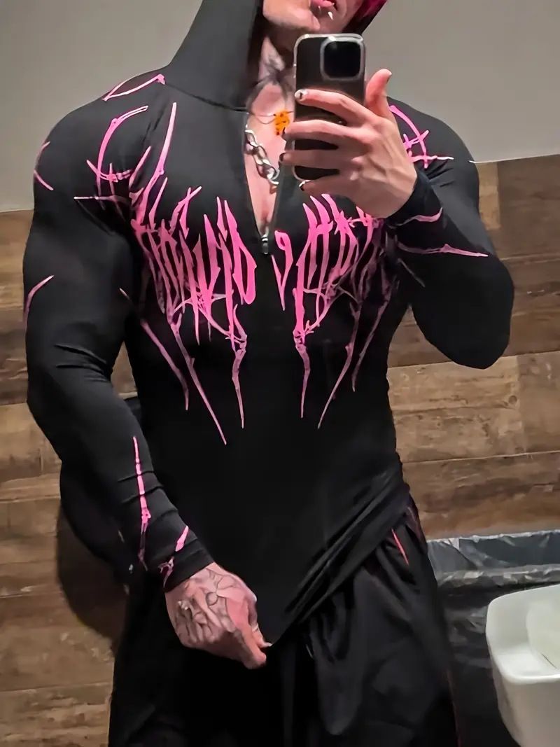 Breathedivinity Men's Sports Fitness Hooded Tight-Fitting Sweatshirt Half-Zip Quick-Dry Stretch Long Sleeve_voghion.com