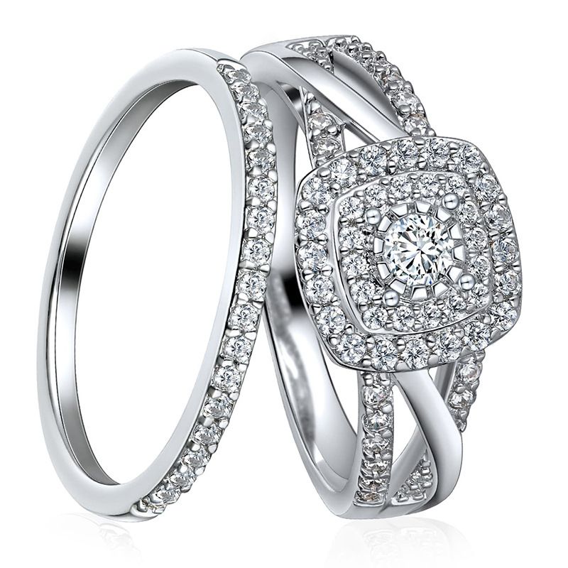 Women's Jewelry Cubic Zirconia Ring Set In Gold Or White Gold Plated Copper, Geometric Design For Engagement, Wedding, Or Everyday Wear, Sizes 5-10_voghion.com