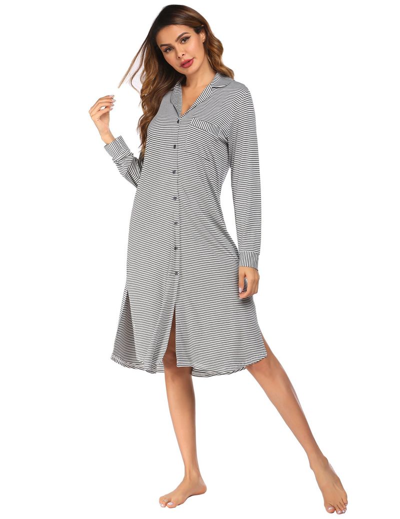 Roupas femininas, pijamas, camisa cardigan, pijamas de manga comprida listrados com botões estampados, pijamas para casa, femininos_voghion.com