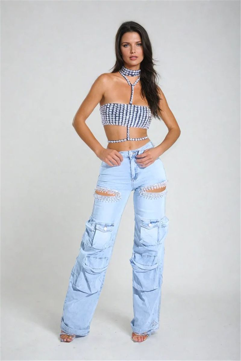 Damenbekleidung Hollow Diamond Overalls Stretch-Jeans mit mehreren Taschen für Damen_voghion.com