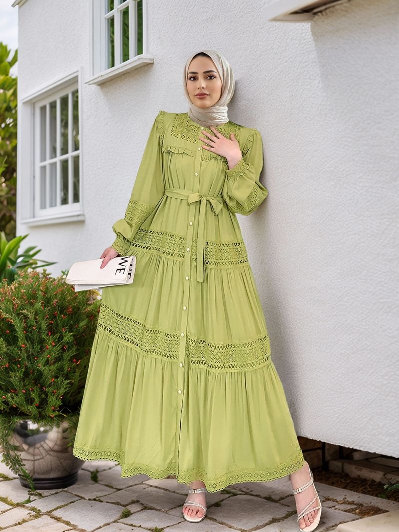 Dameskleding Lange rok Moslim dames kant holle stiksels houten oorrand staande kraag jurk_voghion.com