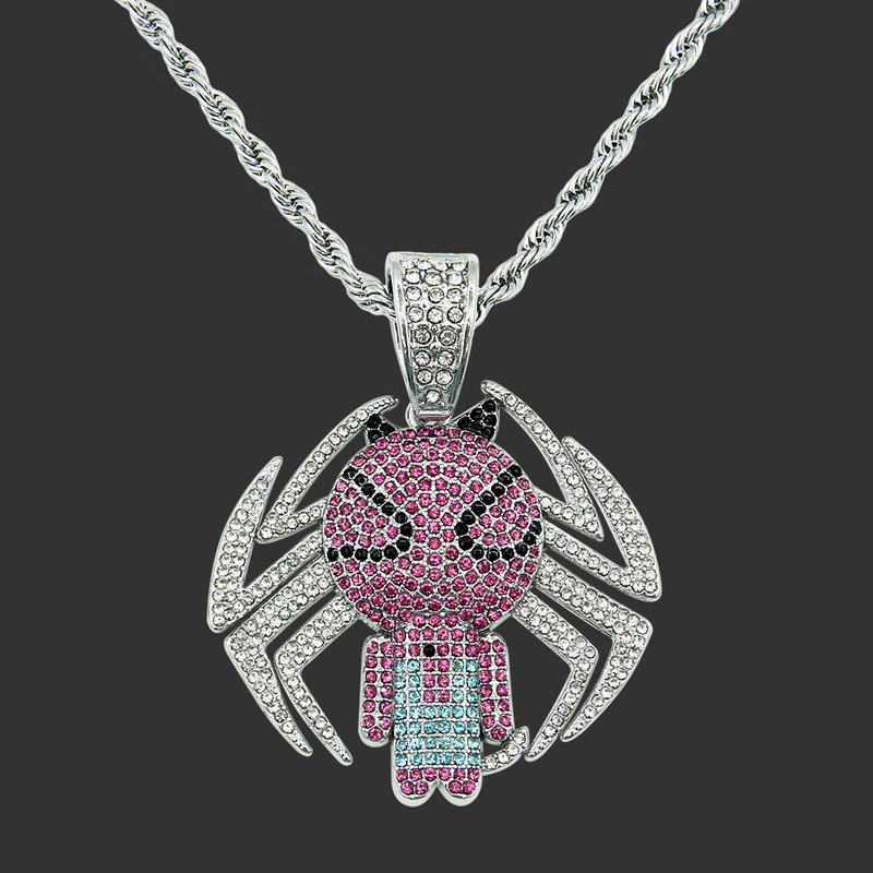 Hip Hop Anime Superhjälte Smycken Iced Out Crystal Spider Pendant Halsband För Män Kvinnor Kubansk Chain Choker_voghion.com
