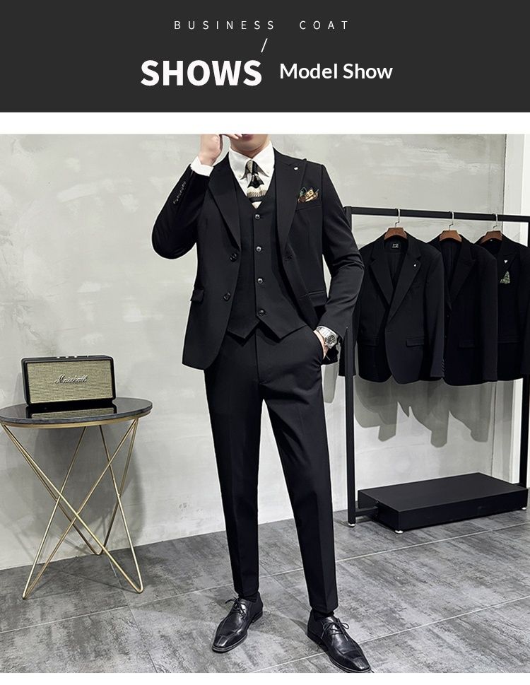 Costume trois pièces pour homme, style coréen, revers cranté, simple boutonnage, couleur unie, idéal pour un mariage. En stock._voghion.com