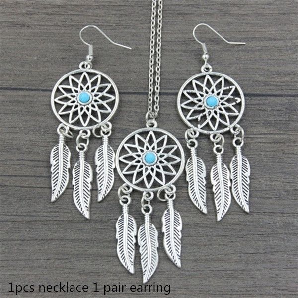 Kettingen 3 stuks/set Bohemian stijl hanger dromenvanger oorbellen veer ketting oorbellen_voghion.com