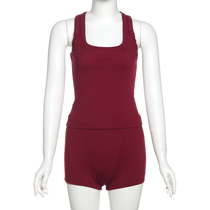 Damenbekleidung Herbstmode Lässig Rundhals Einfarbig Slim Fit I-förmige Weste Hohe Taille Shorts Anzug_voghion.com