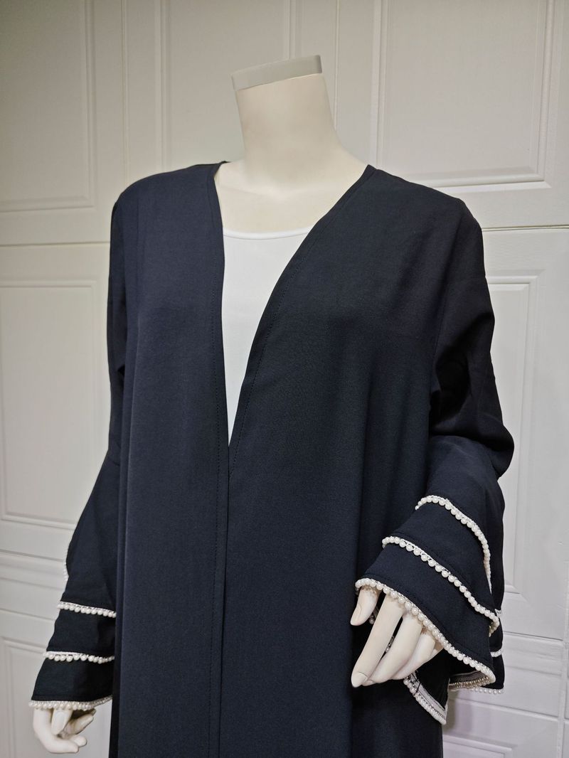 Damenbekleidung Cardigan Schwarze Robe Manschetten Nähte Perlen Abaya Mode Mantel_voghion.com