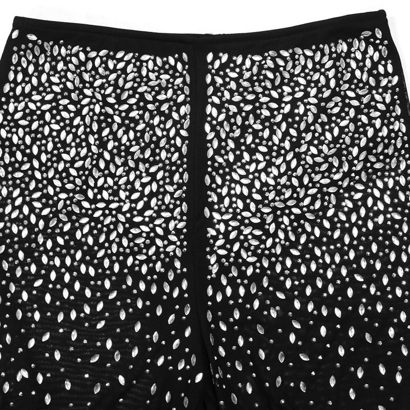 Abbigliamento da donna, abito da donna in due pezzi trasparente con diamanti caldi, top alla moda a maniche lunghe con scollo tondo e pantaloni slim_voghion.com