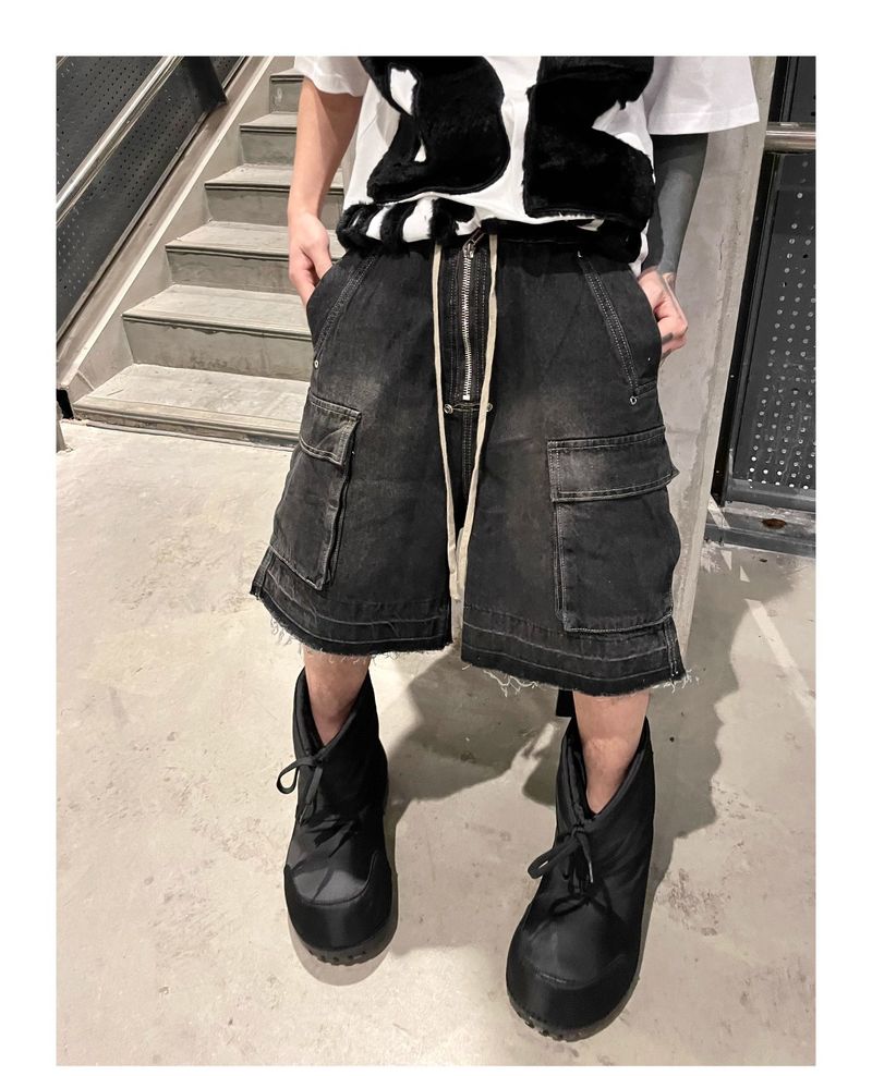 Men's Clothing High Street Washed Distressed Ash Multi Pocket Straight Shorts Drawstring Raw Edge Loose Denim Zipper Work Shorts_voghion.com