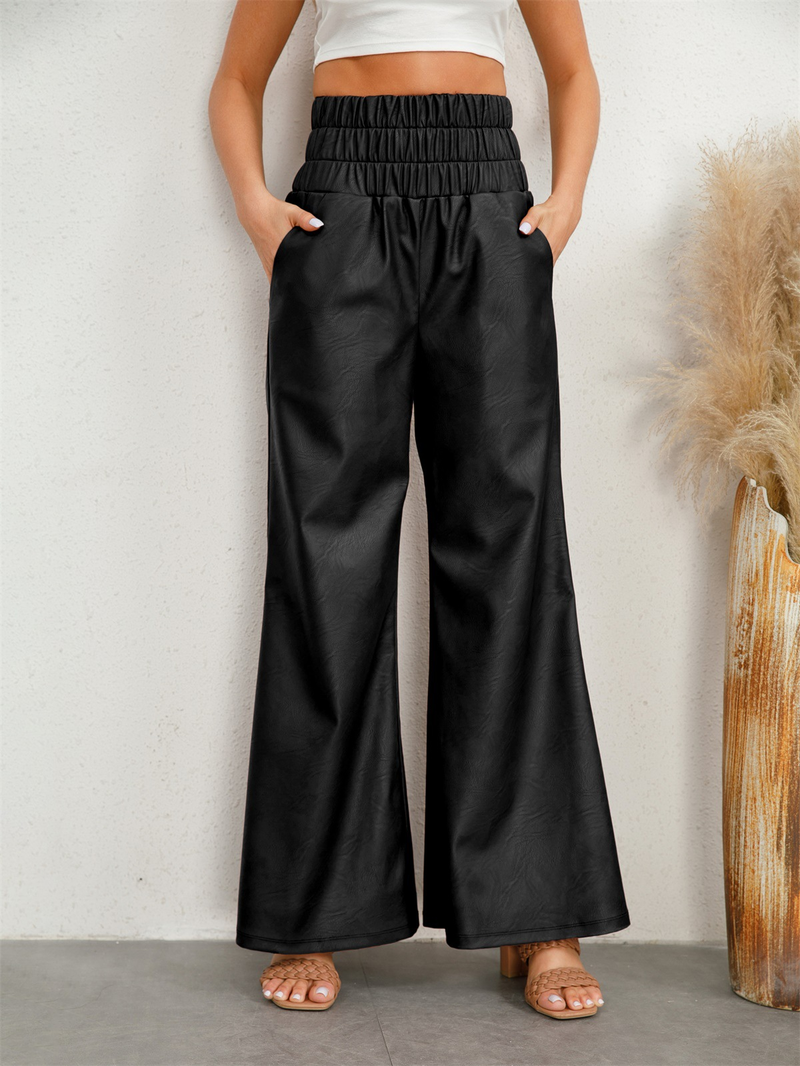 Pantaloni a zampa d'elefante da donna autunno inverno a gamba larga in pelle pu a vita alta da strada alla moda da donna_voghion.com