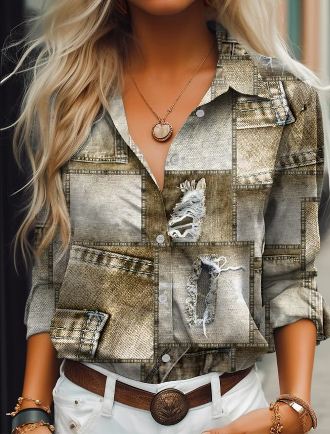 Neues Damen-Freizeithemd mit Denim-Imitat-Print für Damen_voghion.com