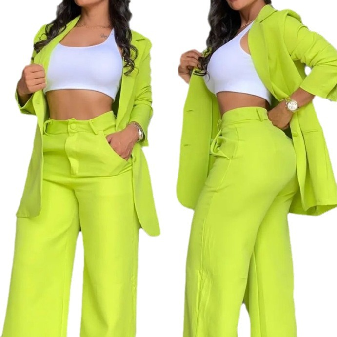 Ensemble de costume élégant à manches fendues et revers pour femme, couleur unie, avec poche, jambe droite et pantalon_voghion.com