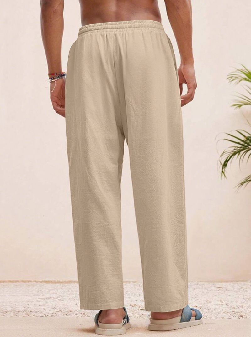 Men's Clothing European And American Men's Linen Straight Loose Pants Solid Color Casual Lace Wide Leg Beach Pants_voghion.com