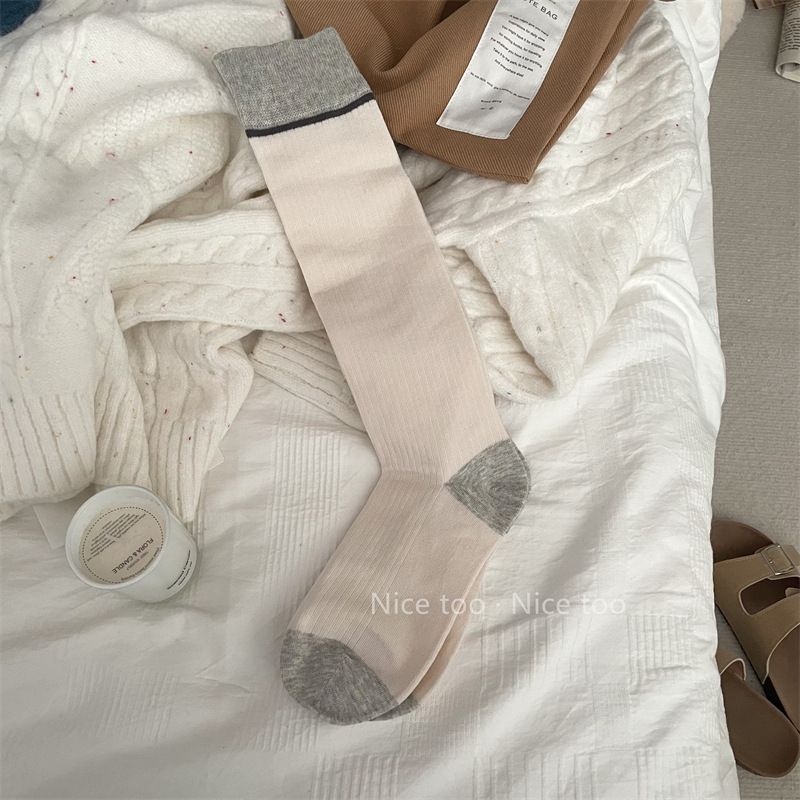 Calf For Women Spring And Autumn Color Block Gray Blue Long Ins Style High Tube Vertical Striped Pile Socks_voghion.com