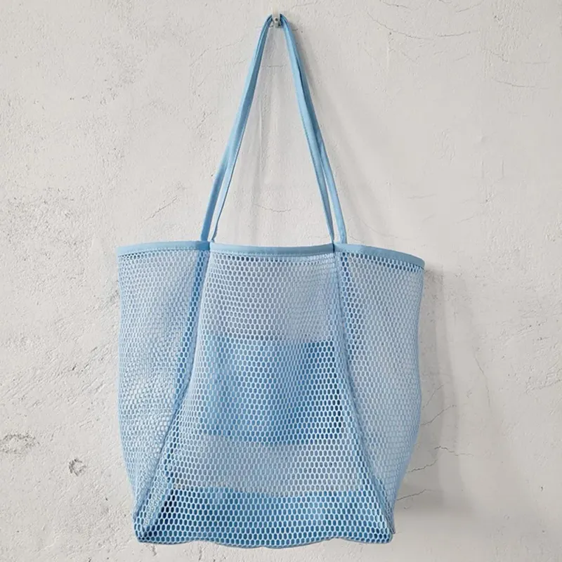 Women Beach Mesh Large Capacity Foldable Hollow Sandproof Solid Swimming Grocery Toys Travel Tote Bag Vacation Use_voghion.com