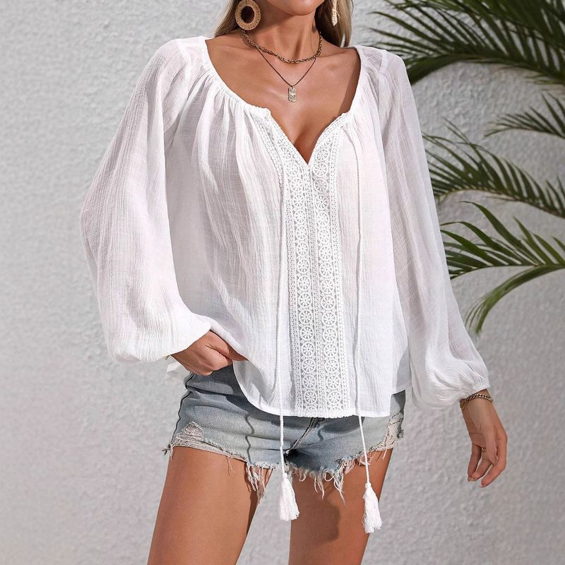 Cache-maillot ample à manches longues et bordure en dentelle pour femme, style vacances et plage, protection solaire_voghion.com