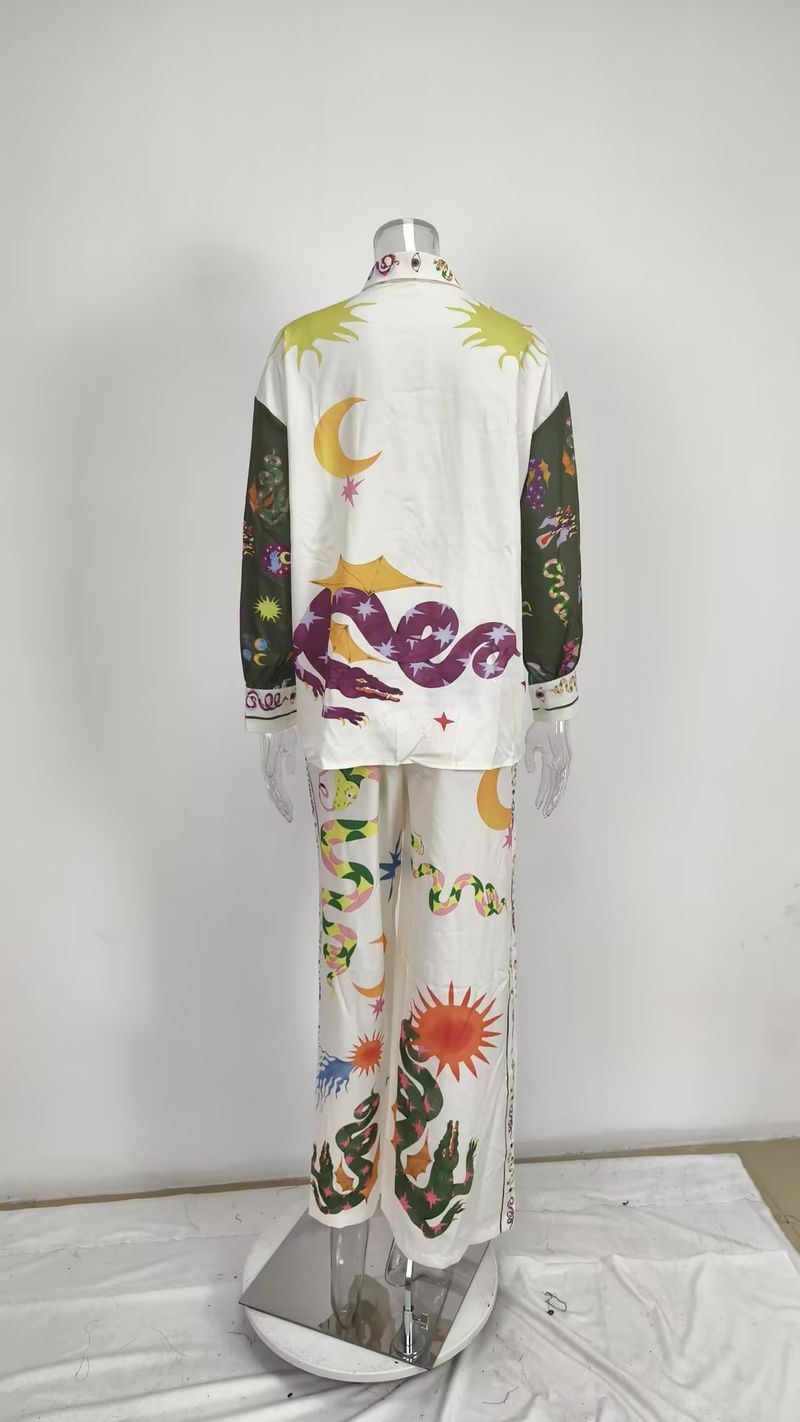 Vêtements pour femmes, nouveau style de printemps, costume pour femmes, imprimé, col rond, manches chauve-souris amples, taille, pantalon large, costume de mode_voghion.com