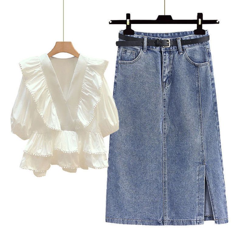 Ensemble jupe en jean grande taille et chemisier à volants – Tenue d'été deux pièces flatteuse pour femmes jusqu'à 90 kg, polyester extensible décontracté_voghion.com