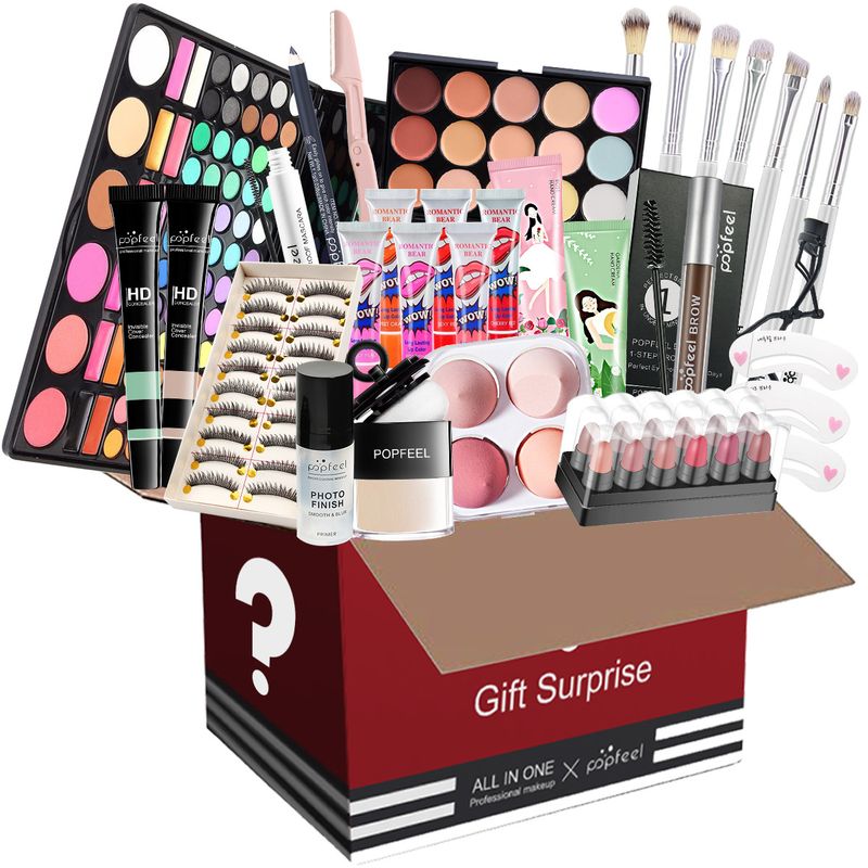 Caja sorpresa con combinación de maquillaje, sombra de ojos, lápiz labial, juego de brochas de maquillaje de base, color aleatorio_voghion.com