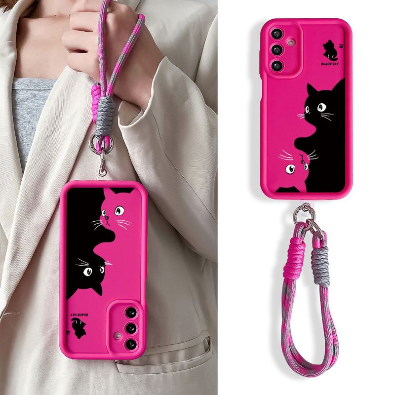 Hoesje voor Samsung S24 FE S25 Plus Ultra A16 06 26 36 56 Grappige zwarte kat polsband hangband lanyard zachte TPU telefoonhoes_voghion.com