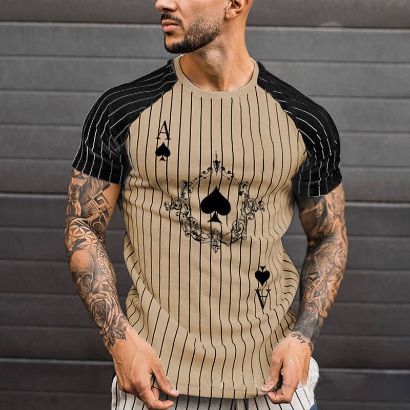 Maglietta leggera da uomo a maniche corte con scollo rotondo casual, a righe e stampa 3D, con asso di picche, estate 2024_voghion.com