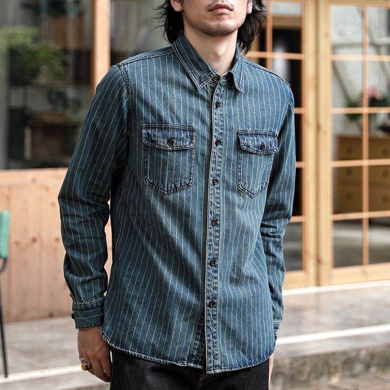 Camicia a maniche lunghe da uomo alla moda, a righe in denim, artistica e fresca, giacca casual primaverile e autunnale_voghion.com