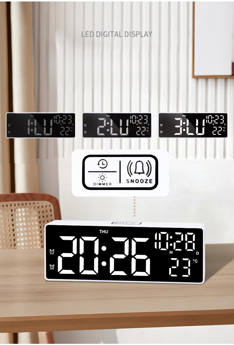 Specchio digitale per la temperatura, LED, batteria, spina, doppio uso, calendario perpetuo, sveglia multifunzione_voghion.com