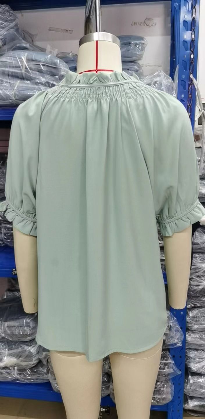 Spitzen-Plissee-Chiffon-Oberteil mit Prinzessinnenärmeln für Damen_voghion.com