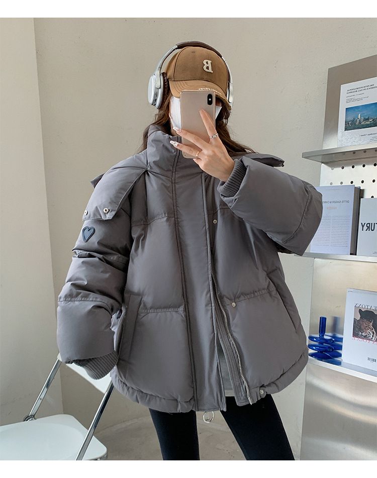 K Gray Heart Kurze Daunenjacke für Damen; Koreanische Version; Studentengröße; Brotmantel für Paare._voghion.com