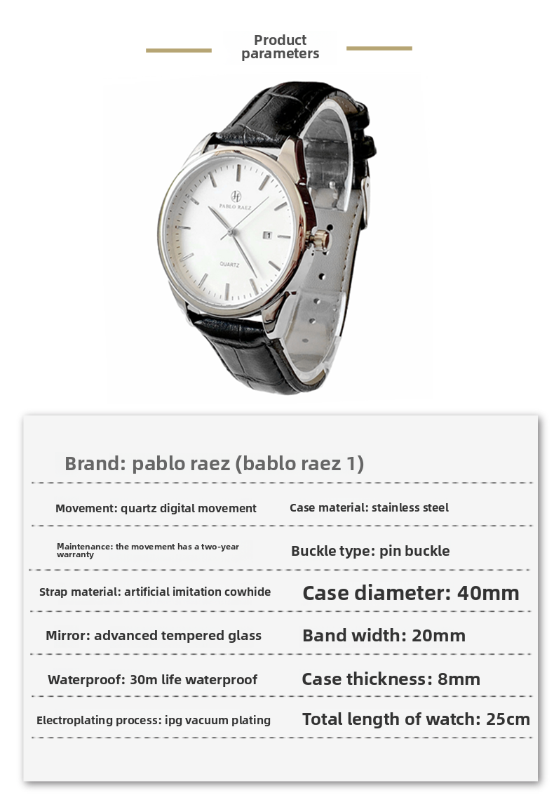 PABLO RAEZ Simple And Fashionable Young Men's Casual Leather Waterproof Calendar Watch On Time Student Watch Gift_voghion.com