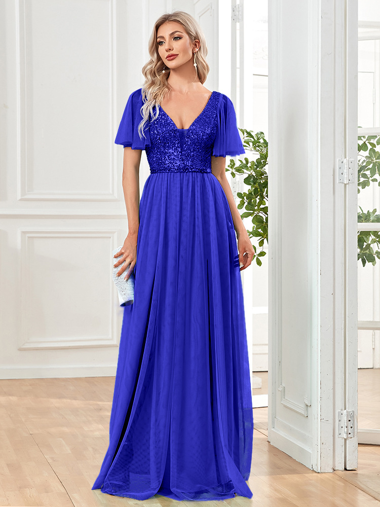 Abendkleid, formeller Abschlussball, Mesh-Abschlussballkleid, V-Ausschnitt, sexy, kurze Ärmel, langes Kleid für Damen_voghion.com
